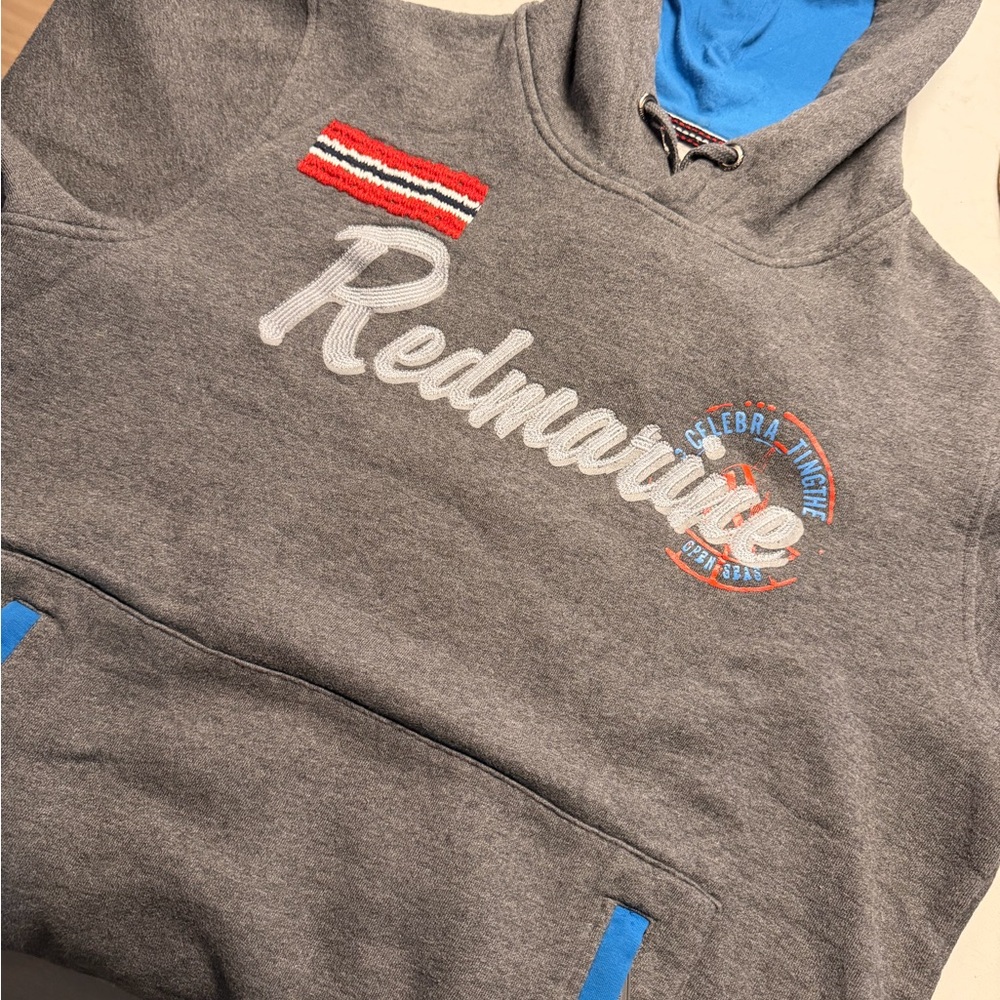 Gray Crewneck Sweater with Blue Accents